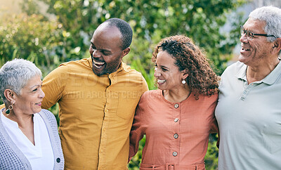Buy stock photo Happy family, laugh or senior parents in nature bonding in Brazil with love or care in retirement. Interracial relationship, mature mother or funny father with support in park or garden on holiday