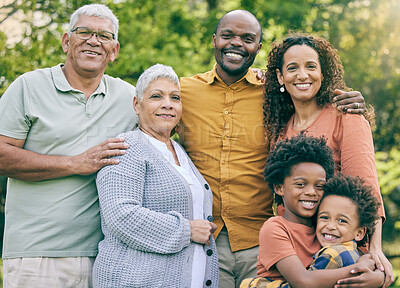 Buy stock photo Portrait, happy and big family in nature, interracial and having fun together outdoor. Face, grandparents and children, mother and father smile for bonding in connection, love and care at park.
