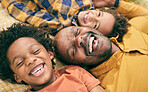 Happy family, children and face of man with closed eyes, smile and happiness from above on floor, love and relax for bond. Black people, care and quality time in house or home for bonding together