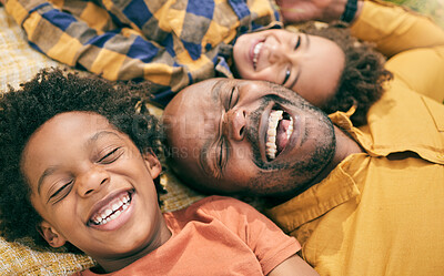 Buy stock photo Happy family, children and face of man with relax, smile and happiness from above on floor, love and eyes closed for bond. Black people, care and quality time in house or home for bonding together