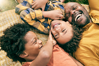 Buy stock photo Top view, children or face of dad laughing with smile, love or freedom to relax in park for bonding together. Black family, boy siblings or happy kids playing with a funny African father on grass