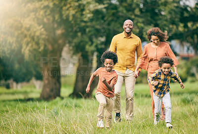 Buy stock photo Happy family, running and children at a park with parents, freedom and playing in nature together. Love, energy and excited kids run in a forest with mother, father and bonding, games and smile 
