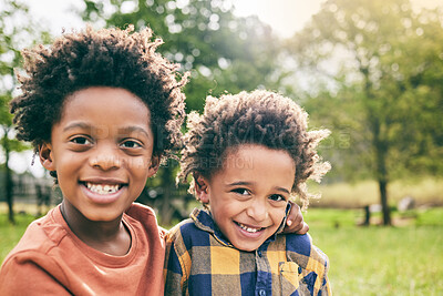 Buy stock photo Portrait, boy and brothers hug outdoor in garden, park and nature for fun, good mood and happy. Face, smile and confident young african kids relaxing in summer, sun and play for freedom in Nigeria