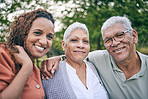 Elderly parents, woman and portrait at park with love, care and bonding on vacation, holiday or travel outdoor. Father, mother and face of adult daughter in nature, smile and happy family together
