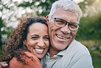 Senior couple, park and portrait with smile, hug or love on vacation, outdoor or bonding in summer sunshine, Elderly man, woman and happy together in garden, nature or freedom on holiday with embrace