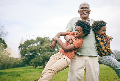 Buy stock photo Grandfather, portrait and funny children in nature, play or bonding together outdoor at garden. Smile, laughing and grandpa at park with kids, having fun and hug of interracial family on mockup space