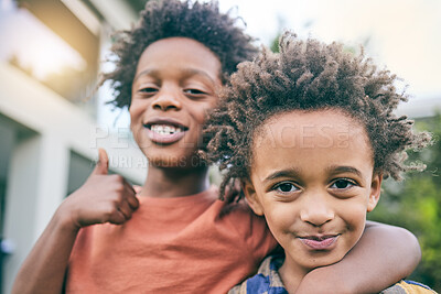 Buy stock photo Kids, portrait and hug with thumbs up in a backyard for brothers, bonding and fun outdoor. Black family, love and face of children in a garden embrace with hand emoji, gesture or yes sign on weekend