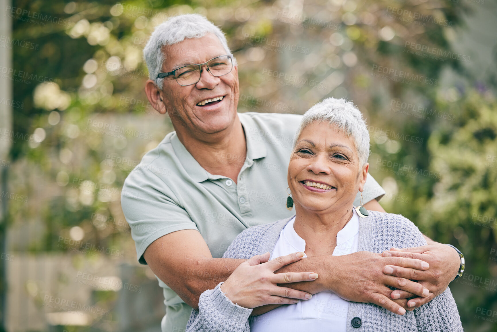 Buy stock photo Portrait, hug and happy senior couple in a garden with care, trust and conversation, support and love outdoor. Face, smile and elderly man embrace old woman in a backyard with fun in retirement