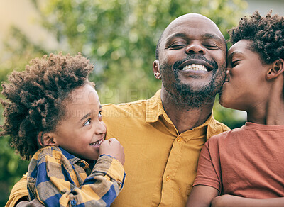 Buy stock photo Kiss, love or father with happy kids in nature, park or field on fun holiday vacation together outdoors. Smile, black family or children siblings bonding to relax in garden for care, support or trust