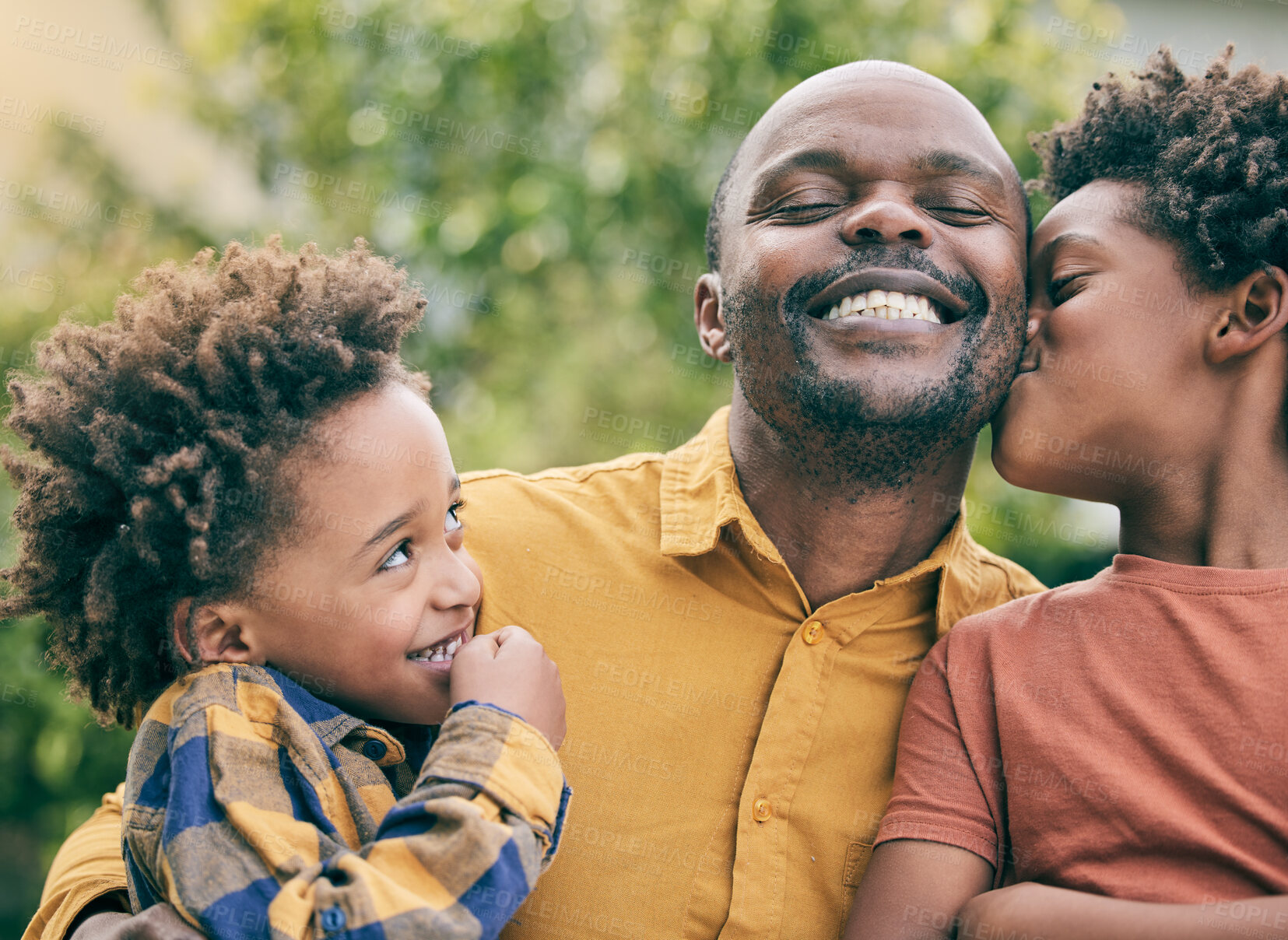 Buy stock photo Kiss, love or father with happy kids in nature, park or field on fun holiday vacation together outdoors. Smile, black family or children siblings bonding to relax in garden for care, support or trust