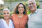 Woman, portrait or senior parents in garden bonding as a family in Brazil with love or care in retirement. Happy, mature mother or proud father with daughter at home together on fun holiday vacation