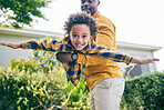 Portrait, garden or child playing with father to relax or bond as a happy family with love or care, Smile, flying airplane or African dad with kid to enjoy fun games on holiday toogether in backyard