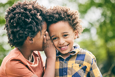 Buy stock photo Black children, friends and whisper secret, happy and bonding together outdoor. African kids, smile and gossip in ear, hearing news or listening to funny story in communication, speaking or laughing