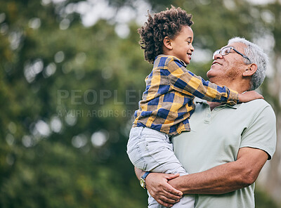 Buy stock photo Hug, love or grandpa with child in nature for bonding, travel or adventure together in retirement. Eye contact, smile or kid with grandfather in park, forest or woods on holiday vacation  with care
