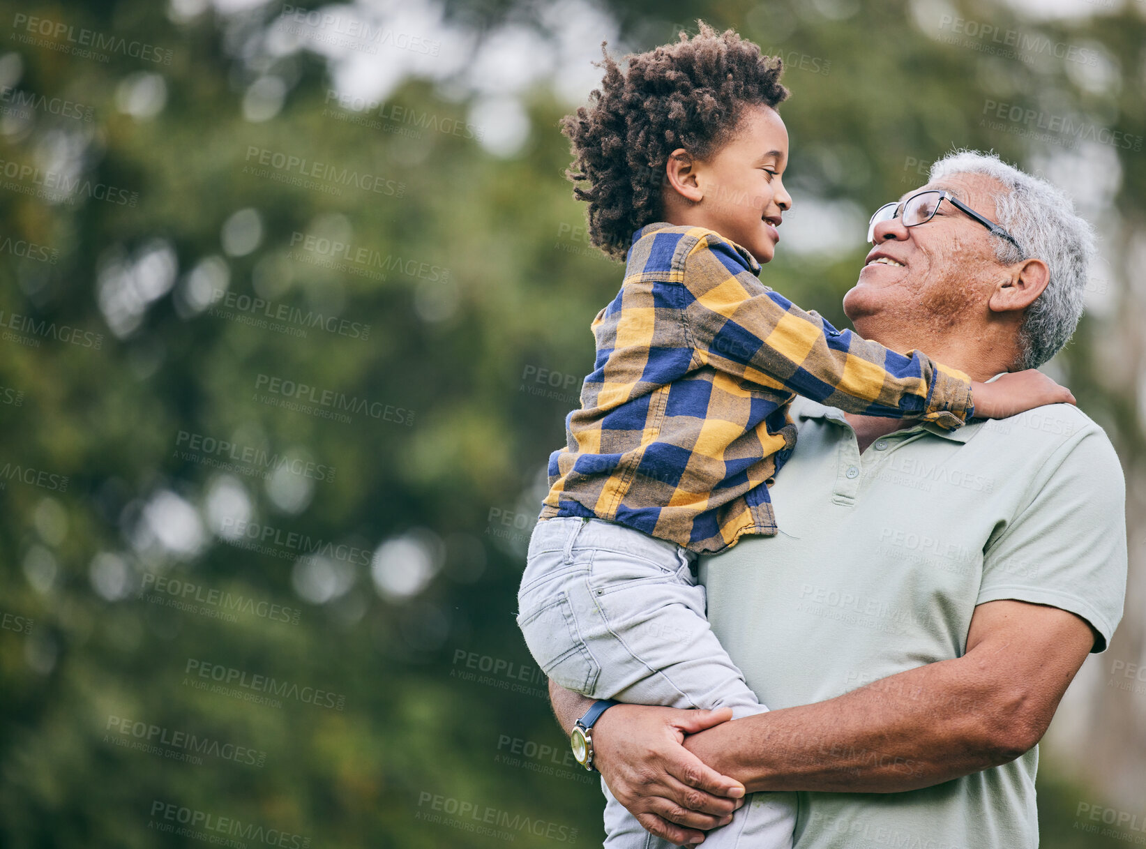 Buy stock photo Hug, love or grandpa with child in nature for bonding, travel or adventure together in retirement. Eye contact, smile or kid with grandfather in park, forest or woods on holiday vacation  with care