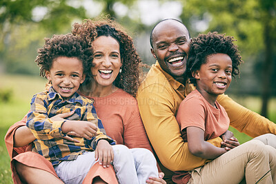 Buy stock photo Portrait, black family and parents with children, park and smile with bonding, relax and summer break. Mother, father and happy kids outdoor, happiness or care with fun, weekend holiday and support