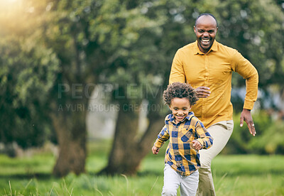 Buy stock photo Happy father, running and child at a park with freedom to playing in nature together on holiday. Love, energy or excited kid in a forest with an African father bonding with fun active games and smile