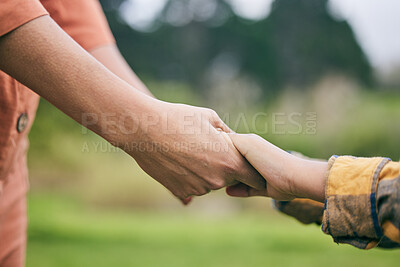 Buy stock photo Park, holding hands and young child, parent and family trust, care and support together on natural adventure. Childhood relationship, woods and youth kid respect, hope or closeup people bonding