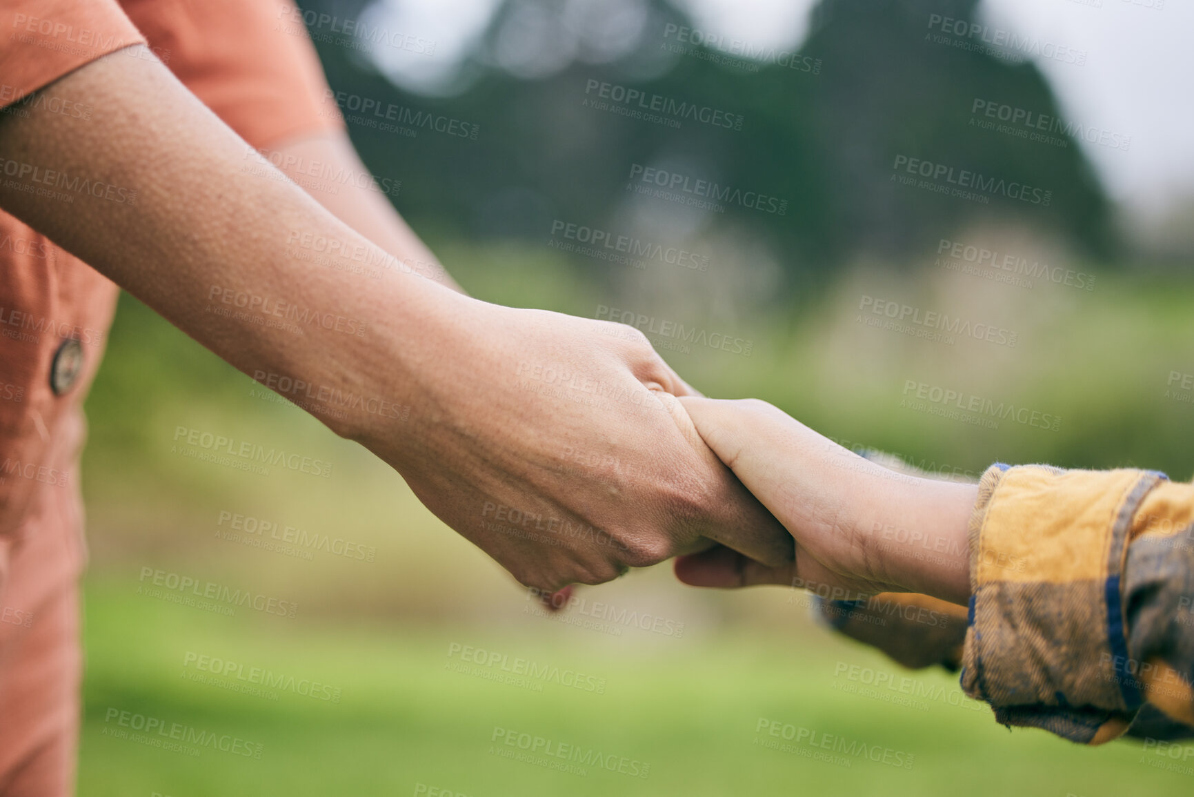 Buy stock photo Park, holding hands and young child, parent and family trust, care and support together on natural adventure. Childhood relationship, woods and youth kid respect, hope or closeup people bonding