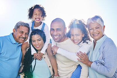 Buy stock photo Smile, outdoor or portrait of happy big family bonding to relax with love, smile or care in retirement. Grandparents, mother or proud father hugging children siblings on holiday vacation in summer