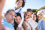 Grandparents, kids and parents in selfie, garden and smile for laugh, love and bonding on big family vacation in summer. Senior man, woman and grandchild with memory, profile picture and social media