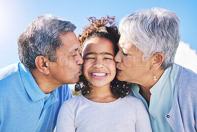 Buy stock photo Happy, sky or grandparents kiss child bonding in Brazil to relax with love, smile or care in retirement. Face, proud elderly grandmother or senior grandfather with kid on holiday vacation in summer