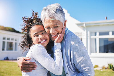 Buy stock photo Hug, home and grandmother with child in a garden and travel together on outdoor holiday for happiness. Vacation, smile and elderly grandparent with girl kid or grandchild for love, care and support