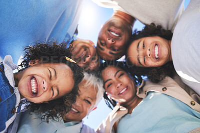 Buy stock photo Happy family, face and smile in bonding, support or unity below together on weekend or summer vacation. Low angle of parents, grandparents and children huddle in happiness for fun holiday getaway