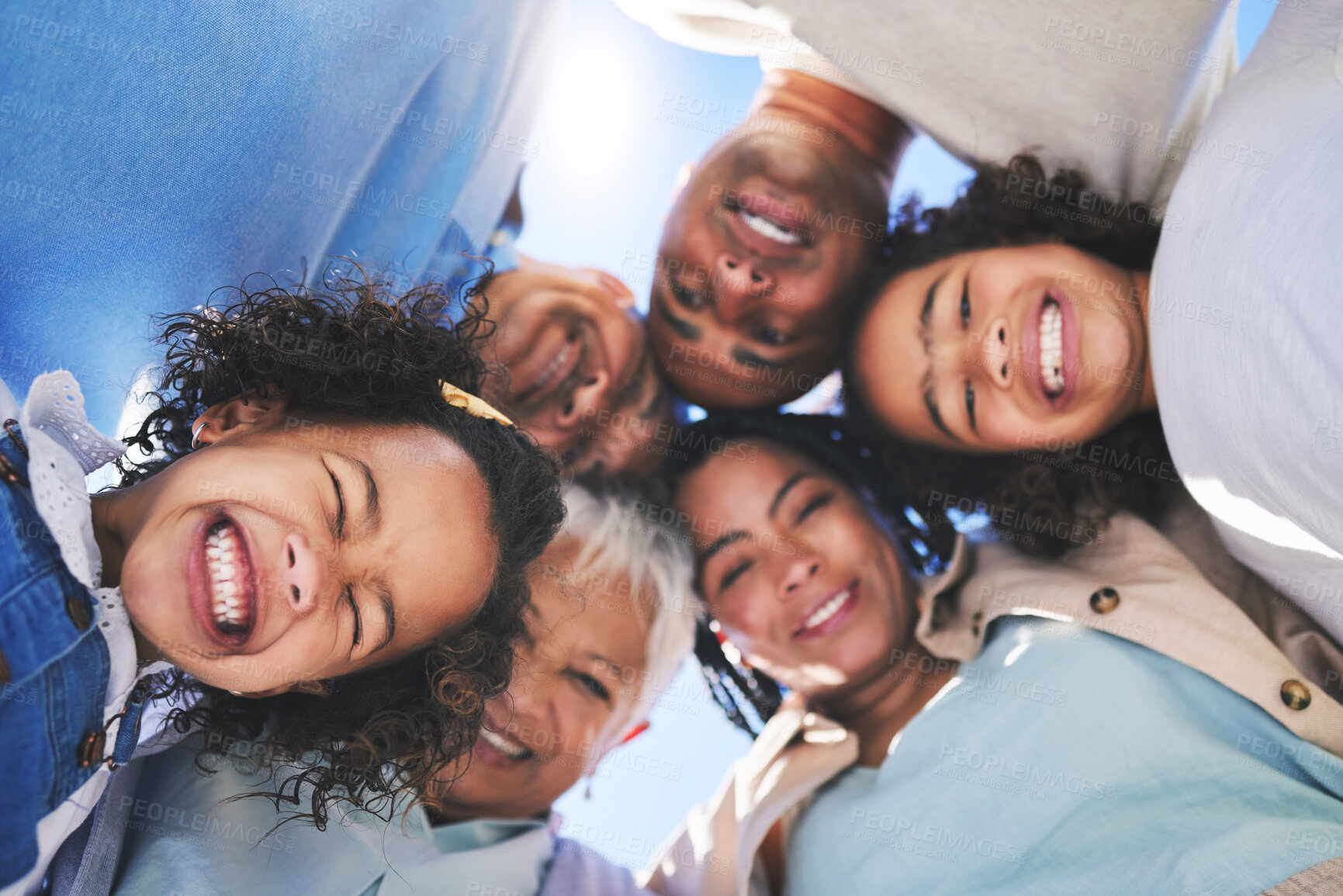 Buy stock photo Happy family, face and smile in bonding, support or unity below together on weekend or summer vacation. Low angle of parents, grandparents and children huddle in happiness for fun holiday getaway