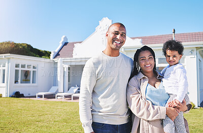 Buy stock photo Happy family, portrait and real estate in property, investment or moving in new home together. Father, mother and child smile in happiness for buying house, building finance or outdoor mortgage loan