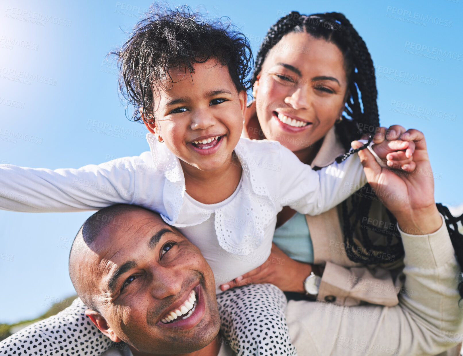 Buy stock photo Parents, piggyback or portrait of child in nature as a happy family on summer holiday vacation together. Smile, mom or dad bonding with an excited kid toddler in park with love, trust or support
