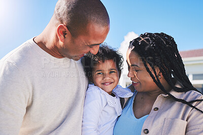 Buy stock photo Mother, baby or portrait of father in happy family outdoors to enjoy summer holiday vacation together. Smile, mom or proud dad hugging or bonding child toddler in backyard with love, trust or support