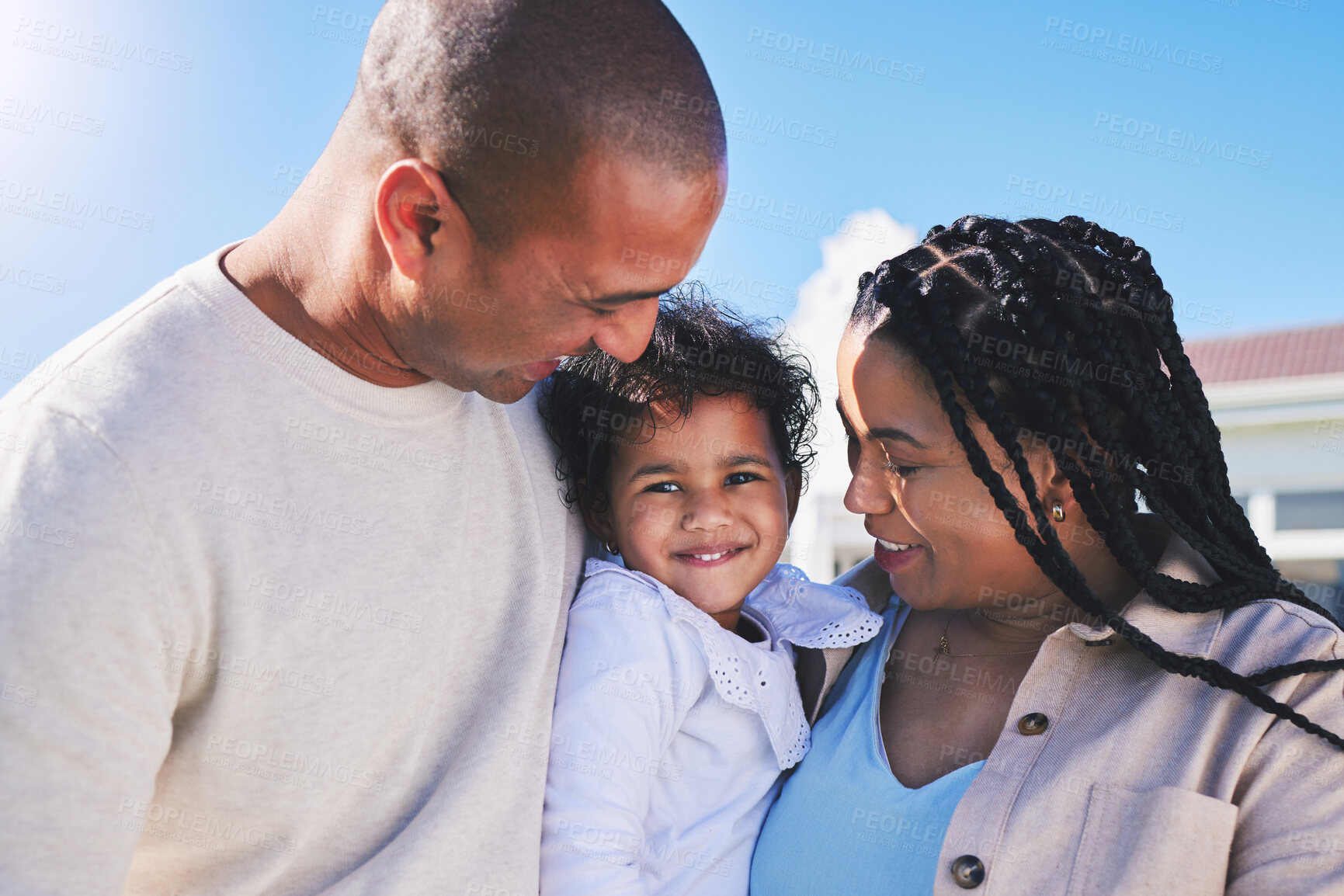 Buy stock photo Mother, baby or portrait of father in happy family outdoors to enjoy summer holiday vacation together. Smile, mom or proud dad hugging or bonding child toddler in backyard with love, trust or support