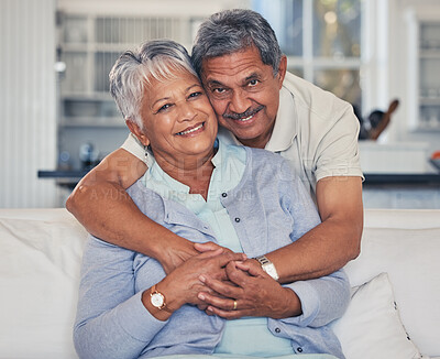 Buy stock photo Portrait, senior or happy couple hug in house living room bonding together to relax on holiday with trust. Retirement, love or proud old man smile with a mature woman with support or care in marriage