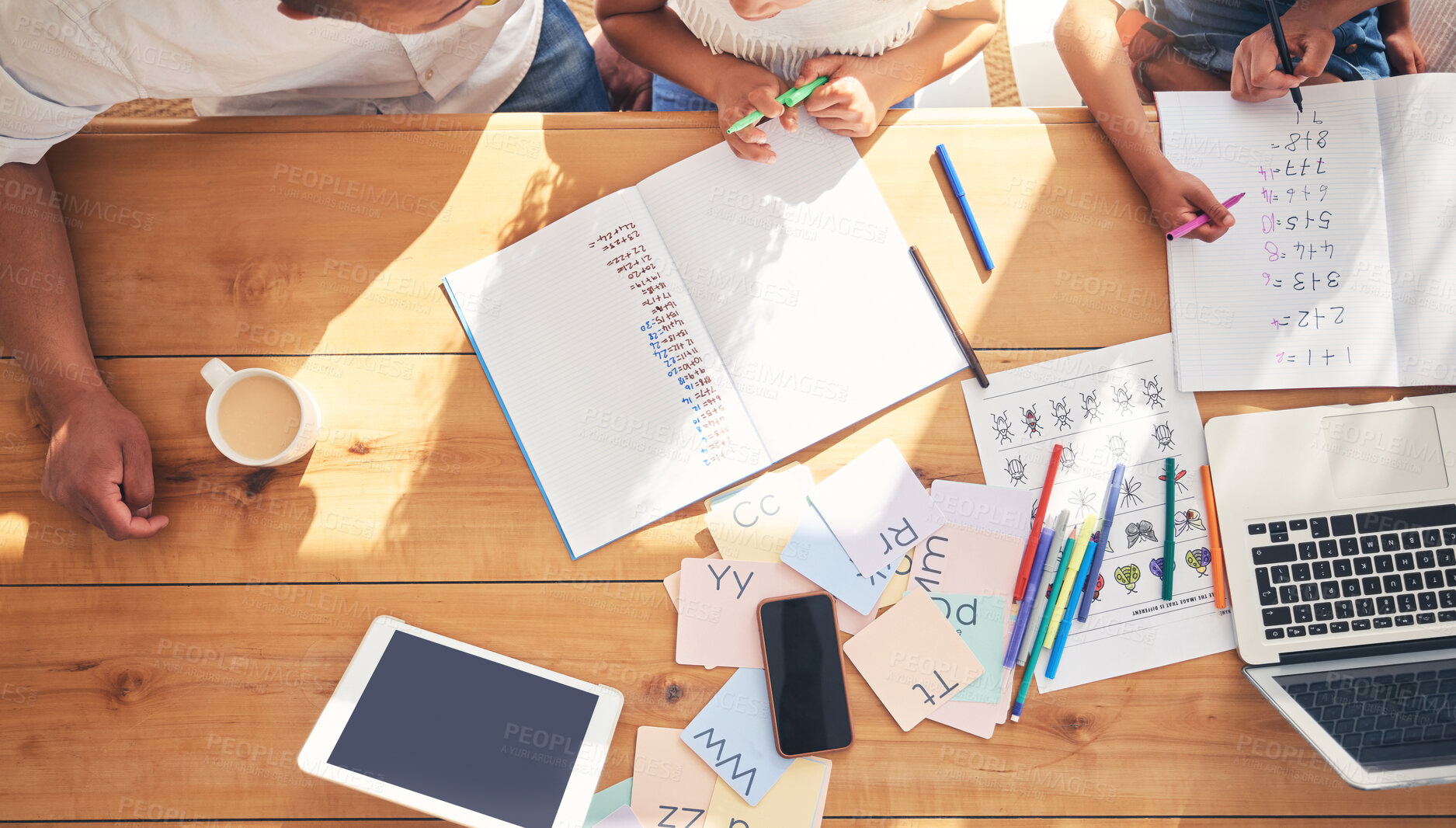 Buy stock photo Family hands, children and writing, e learning or home education support, helping and math in school books by table above. People teaching kids, online development and numbers with laptop technology