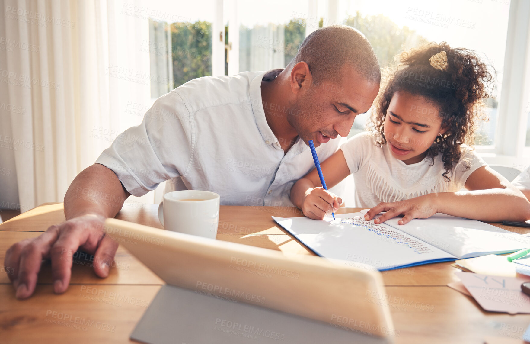 Buy stock photo Help, father and girl with homework, tablet and conversation with elearning, knowledge and education. Family, parent and dad with kid, writing or child development with notebook, technology and study