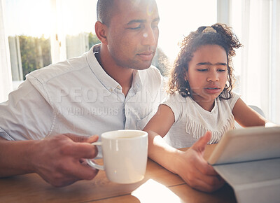 Buy stock photo Child, father and family on tablet for online learning, home education and knowledge or support at home. Kid and dad teaching, helping and reading or watch video with elearning or digital technology