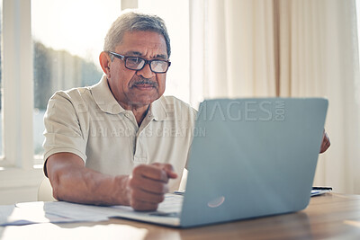 Buy stock photo Senior man, laptop and documents in finance or budget planning or checking bills and expenses at home. Mature male person working on computer, paperwork or insurance in retirement plan or investment