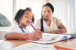 Homework, education and mother helping child by the dining room table in the family home. Elearning, online school and mom watching her girl kid color in a book for development at a modern house.