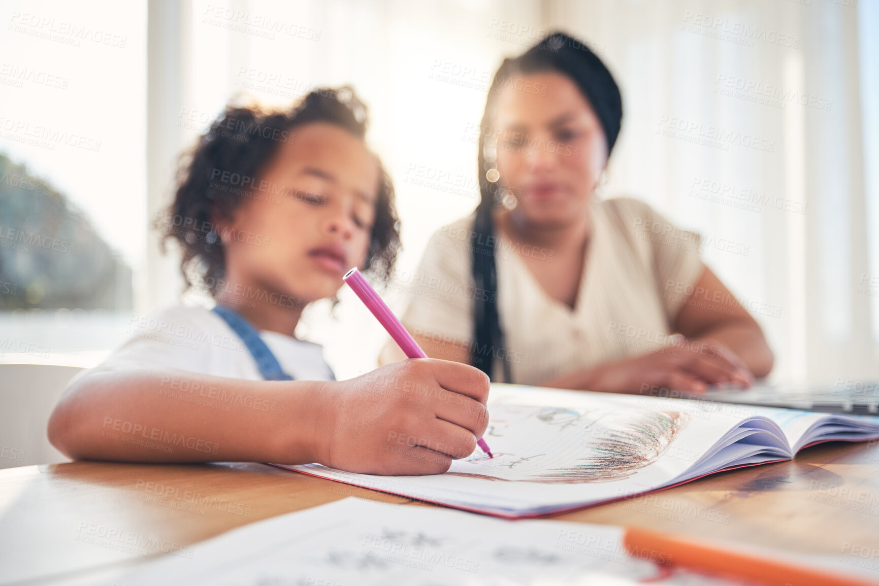 Buy stock photo Homework, education and mother helping child by the dining room table in the family home. Elearning, online school and mom watching her girl kid color in a book for development at a modern house.