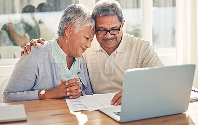 Buy stock photo Senior couple, documents and computer for home, investment or budget, retirement or pension with love and hug. Elderly woman and man on laptop for asset management, loan agreement and life insurance