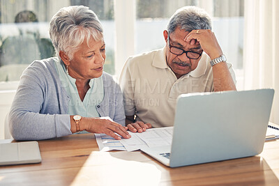 Buy stock photo Senior couple, laptop and documents in financial crisis, schedule payment or checking bills at home. Mature man and woman on computer, paperwork or expenses in finance plan, debt or mistake in house