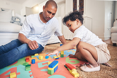 Buy stock photo Building blocks, play or father with baby on the floor for learning, education or child development. Family home, relax or dad enjoying bonding in living room with girl, kid or toys for fun games 