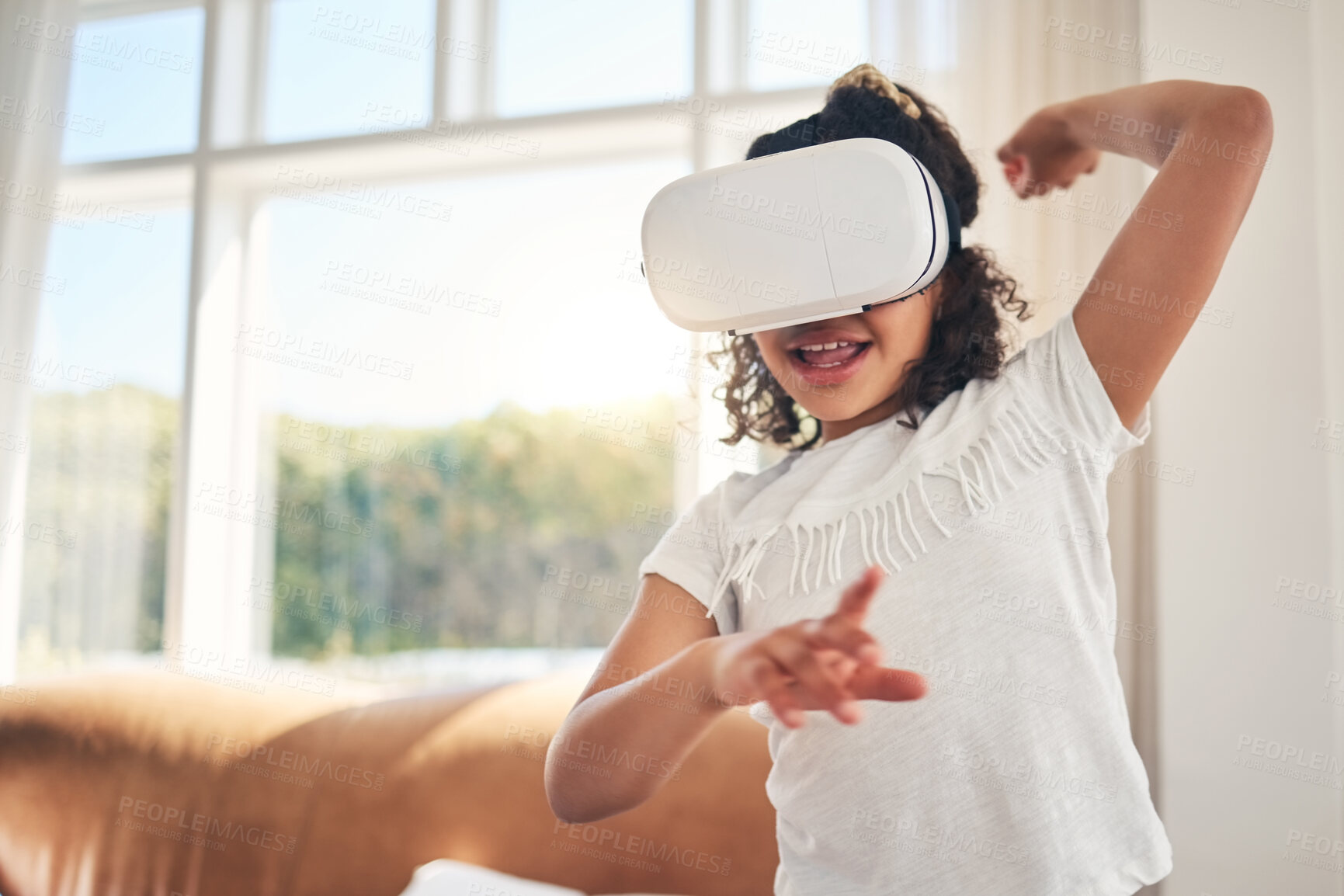 Buy stock photo Girl child, metaverse and virtual reality experience at home with digital world, gaming and entertainment. Future technology, connectivity and kid with VR goggles, youth streaming online and cyber