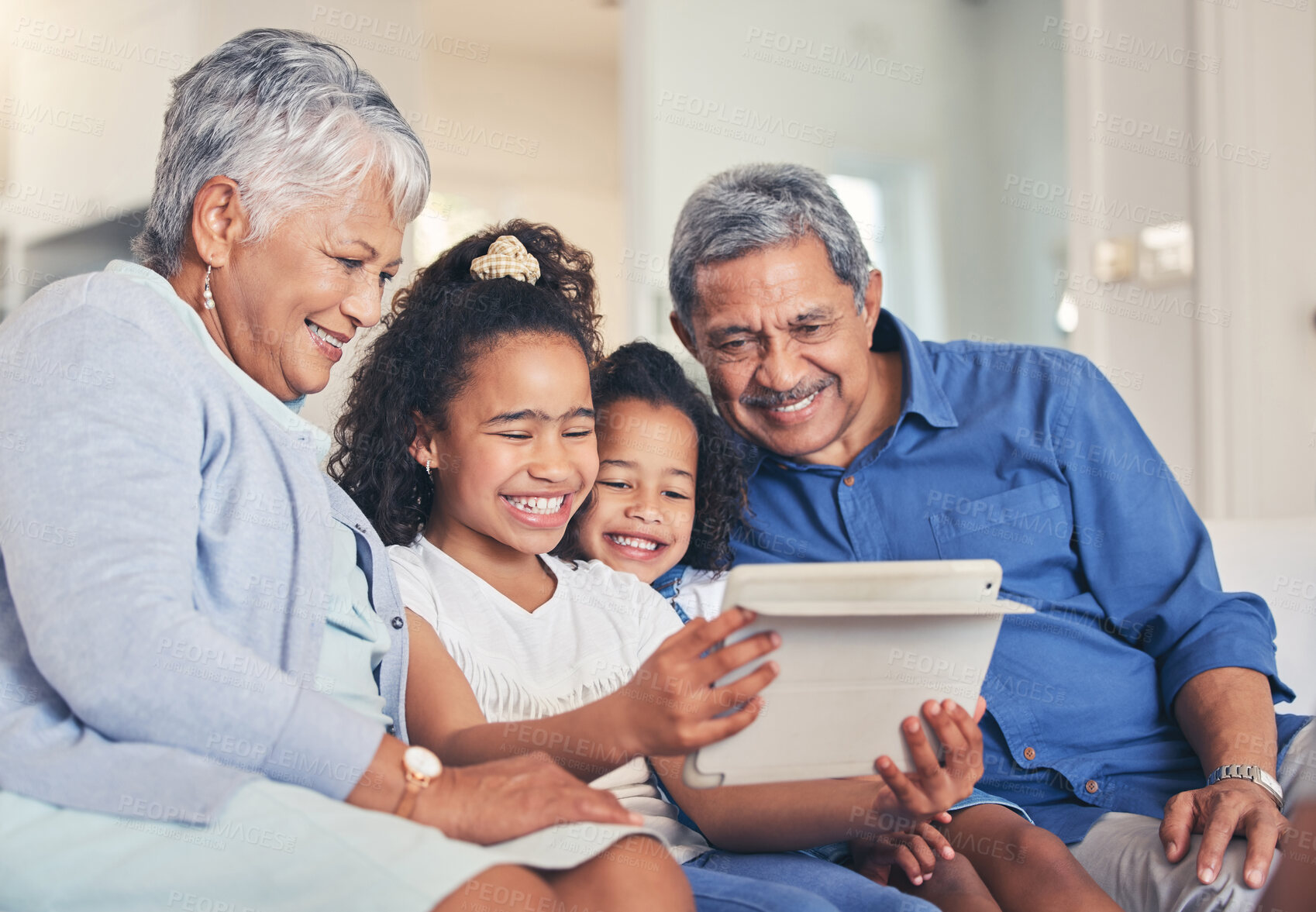 Buy stock photo Family. grandparents and children on tablet for selfie, video streaming and e learning, online education or games on sofa. Senior people and kids on digital technology for profile picture photography