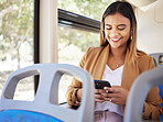 Business woman, happy and phone on bus, transport or travel in city with social media, online news or chat. Young person driving in metro or on urban journey for job, career and opportunity on mobile