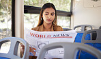 Woman, bus and transport, reading newspaper and travel with commute to work or college, city and traffic. Transportation, vehicle and student, day trip and newsletter with metro and public service