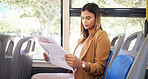 Woman on a bus, transportation and travel with newspaper, commute to work or university, city and traffic. Transportation, vehicle and student, trip and reading material with metro and public service