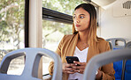 Business woman, thinking and phone on bus, transport or travel in city with social media, online news or chat. Young person driving in metro or urban journey for job, career and opportunity on mobile