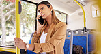 Frustrated, call and woman on bus with public transportation, discussion and spam talk. Angry, conversation and female person sitting with mobile networking and commute with city metro journey